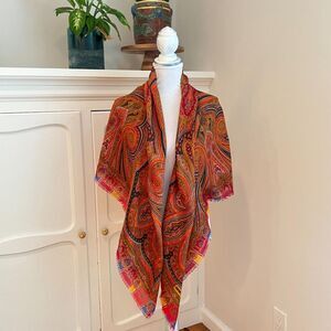 Daniel La Foret vintage orange paisley shawl scarf fringe 52 x 52 inches square